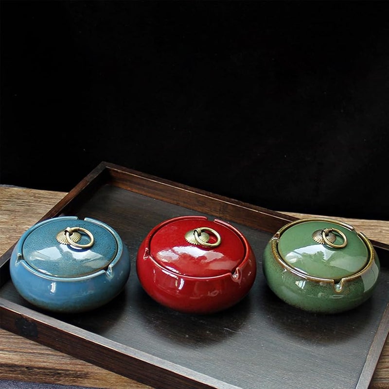 منفضة سجائر خضراء خزفية بغطاء مقاوم للرياح وحاملة رماد محمولة لتزيين الداخل والخارج والمنزل والمكتب والفسحة - Image 5